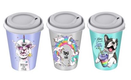 Стакан с крышкой 420мл с декором с колпачком (серый)